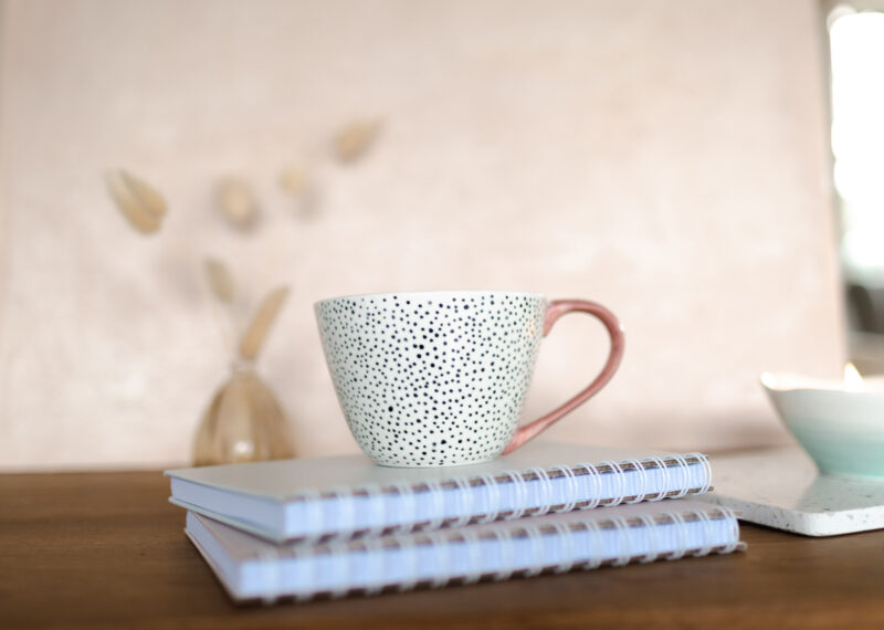 Handmade Ceramic Mug with Black and White Speckles and Pink Handle